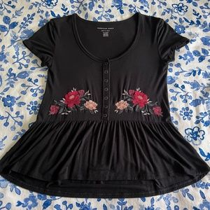 NWOT Women's American Eagle Soft & Sexy Embroidered Floral Black Knit Top XS